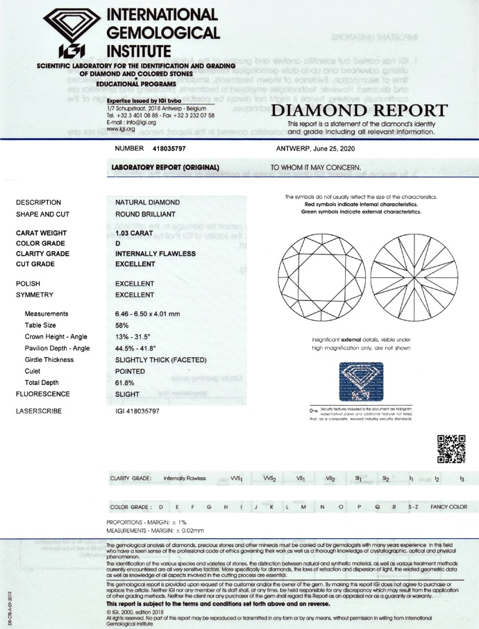 Original-Foto 9 vom Diamantgutachten von 1,03ct Lupenrein River D IGI 3 x ex Weißgoldsolitärring, Q1759